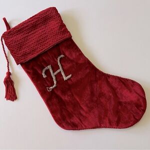 Red Velvet Christmas Stocking with beaded “H” initial